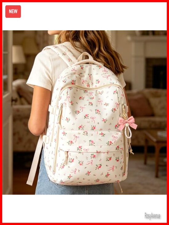Cute Floral Bow Backpack for Women - Preppy Lightweight Laptop Bookbag, main image 6